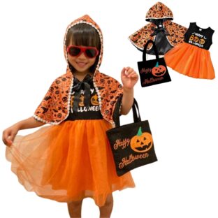 MiYAVi ハロウィン コスプレ 魔女 女の子 キッズ コスチューム ワンピース ドレス フード ポンチョ こども かわいい フェルト製バッグ付き
